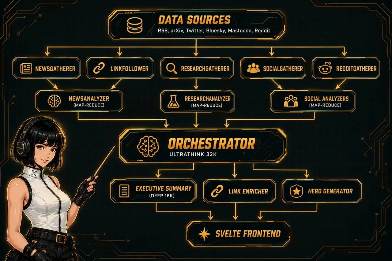 Hermes news pipeline architecture diagram showing data sources flowing through gatherers and analyzers to the orchestrator